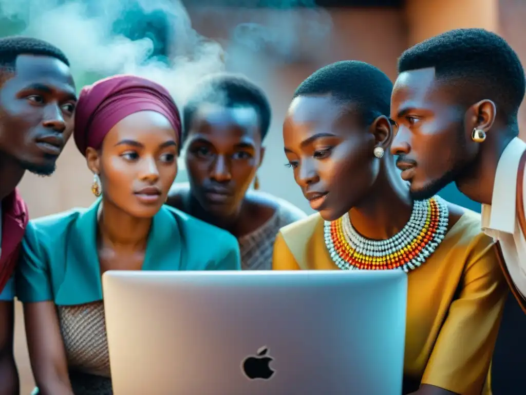 Un grupo de jóvenes estudiantes africanos aprendiendo Swahili en la era digital, reflejando la adaptación de lenguas africanas