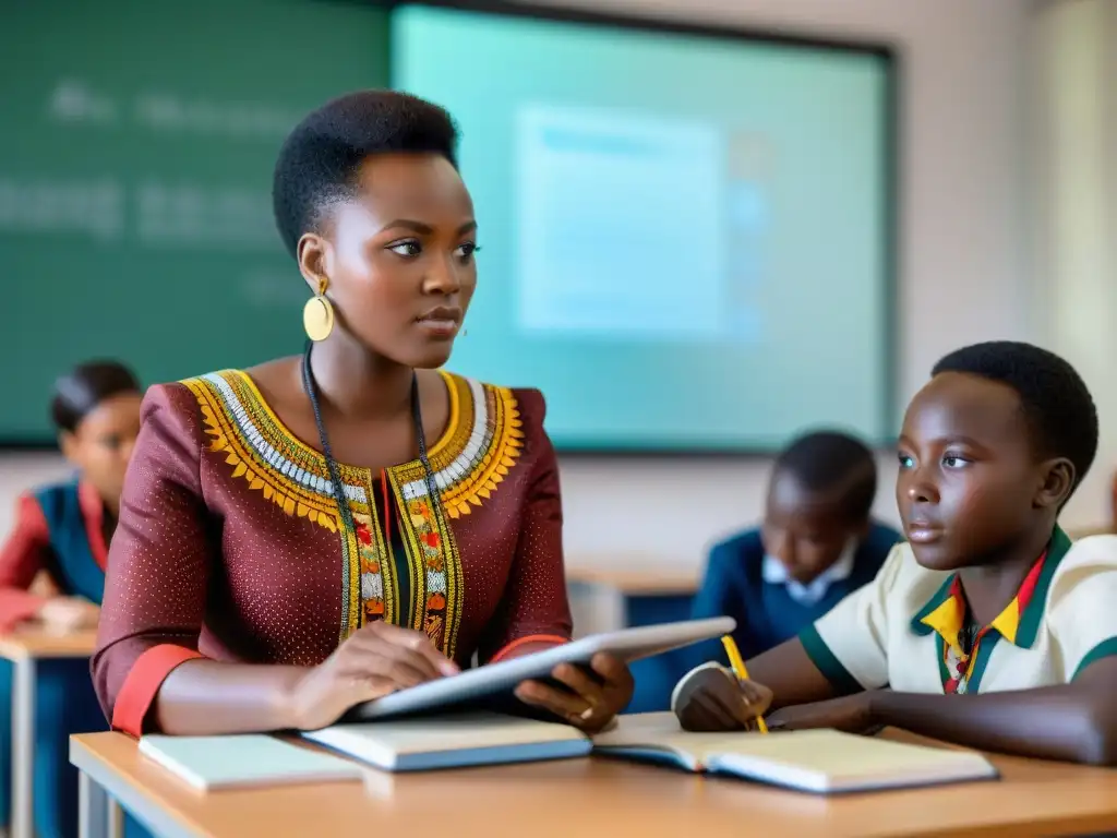 Grupo de jóvenes estudiantes africanos inmersos en aprendizaje digital en moderno aula equipada, con diversidad cultural y tecnológica