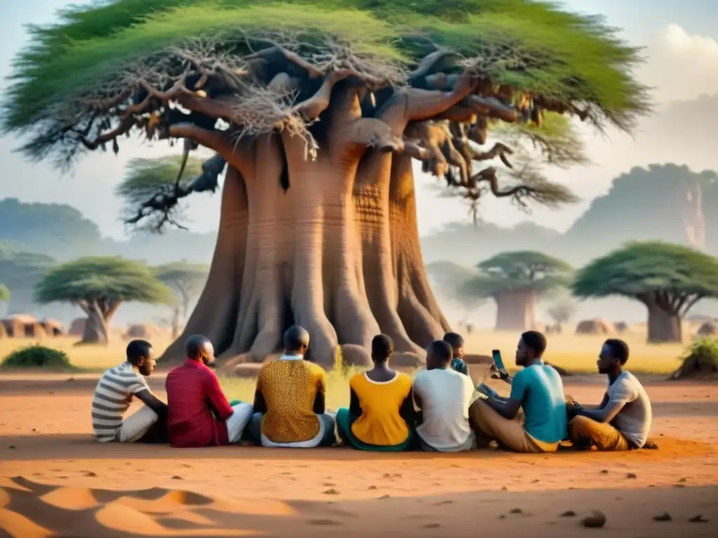 Estudiantes africanos bajo el Baobab: tecnología y tradición Un grupo de jóvenes estudiantes africanos bajo un baobab, preservación lenguas africanas minoritarias