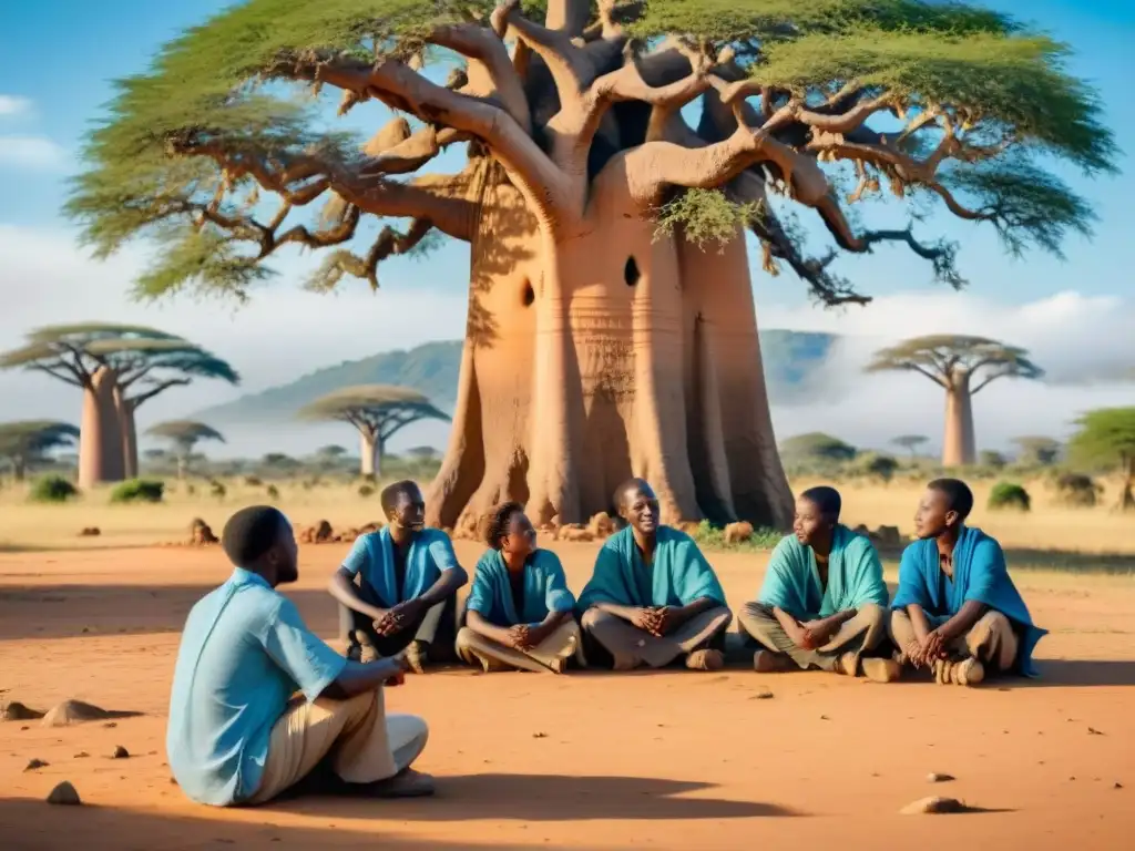 Un grupo de jóvenes estudiantes africanos revitalizando lenguas antiguas bajo un baobab centenario