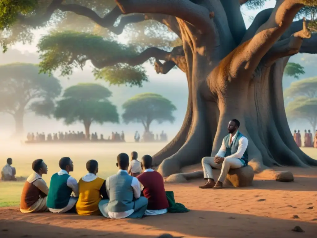 Grupo de estudiantes africanos debatiendo con su maestro bajo un árbol, fusionando religión y educación en un entorno sereno y cultural