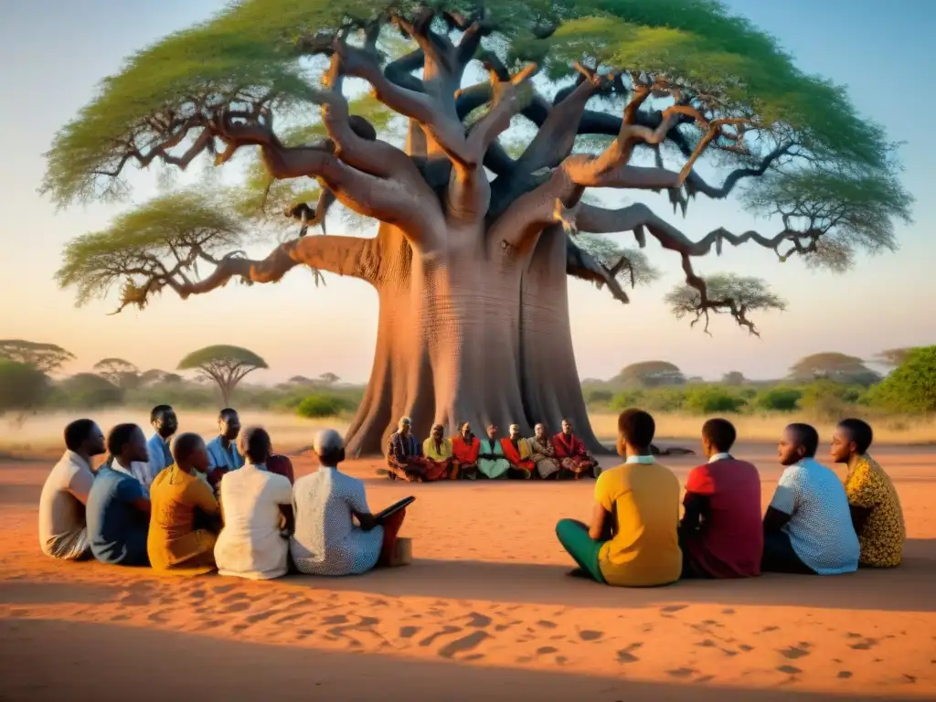 Ritual ancestral: Estudiantes africanos escuchan cuentos bajo baobab Un grupo de estudiantes africanos escucha atentamente a un narrador bajo un baobab, en una escena de Creatividad africana en educación histórica