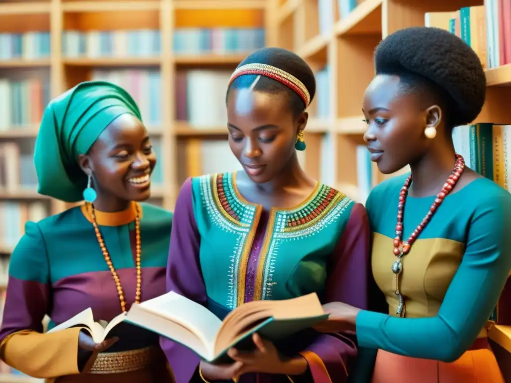 Grupo de jóvenes estudiantes africanos discutiendo animadamente sobre preservación de lenguas africanas siglo XXI entre libros coloridos