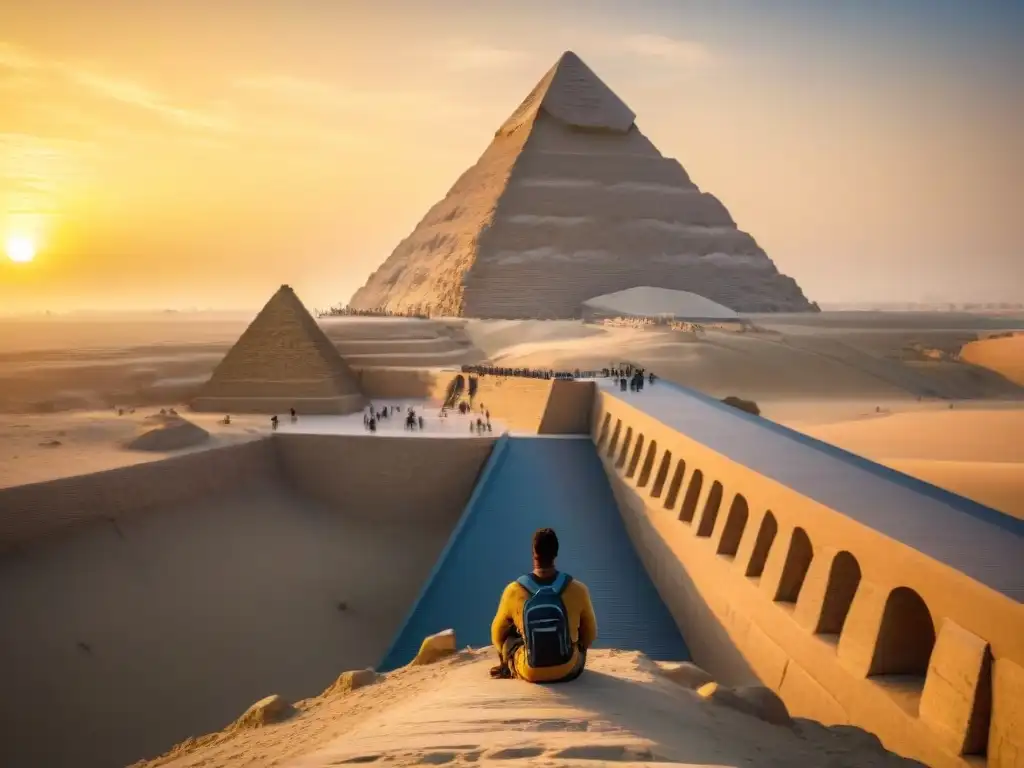 Grupo de estudiantes en asombro ante la Gran Esfinge de Giza al atardecer, explorando civilizaciones africanas e influencia global