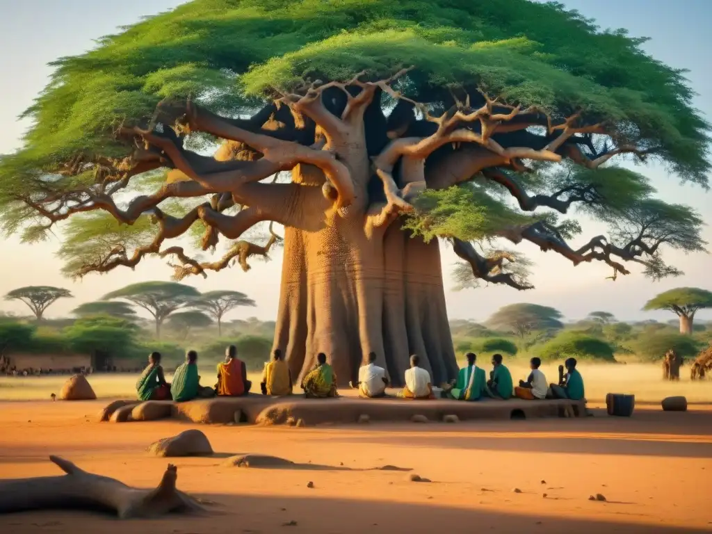 Un grupo de estudiantes lee bajo un baobab en una aldea africana, recreando la influencia literaria de África precolonial