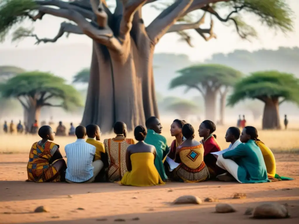 Grupo de estudiantes en África Occidental debajo de un baobab, participando en métodos educativos tradicionales