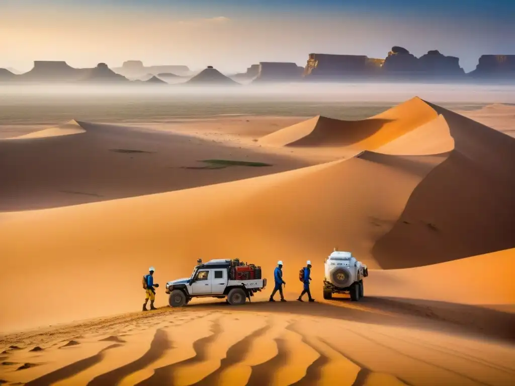 Grupo de geólogos realizando exploración sísmica en el desierto del Sahara, con tecnología avanzada