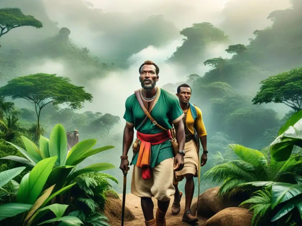 Grupo de exploradores africanos en una expedición precolonial llena de aventura y determinación en la selva