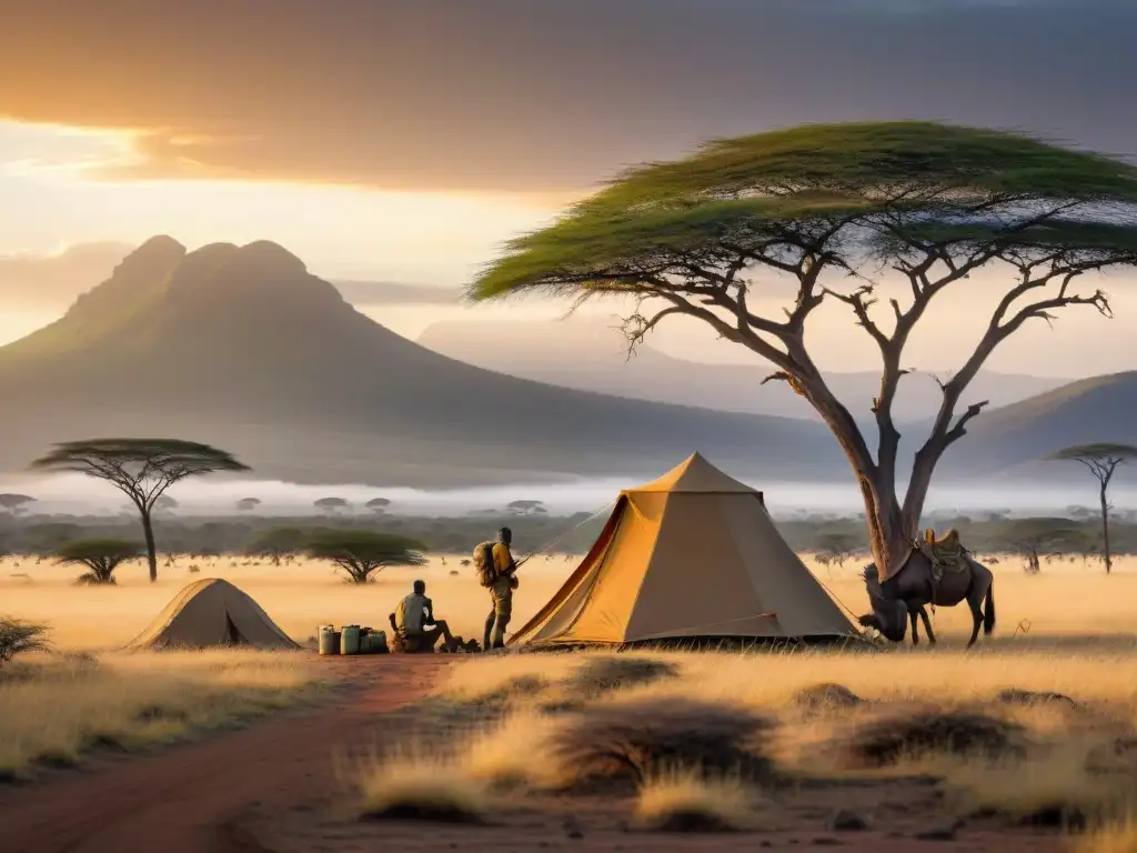 Un grupo de exploradores montando campamento en la sabana africana al atardecer