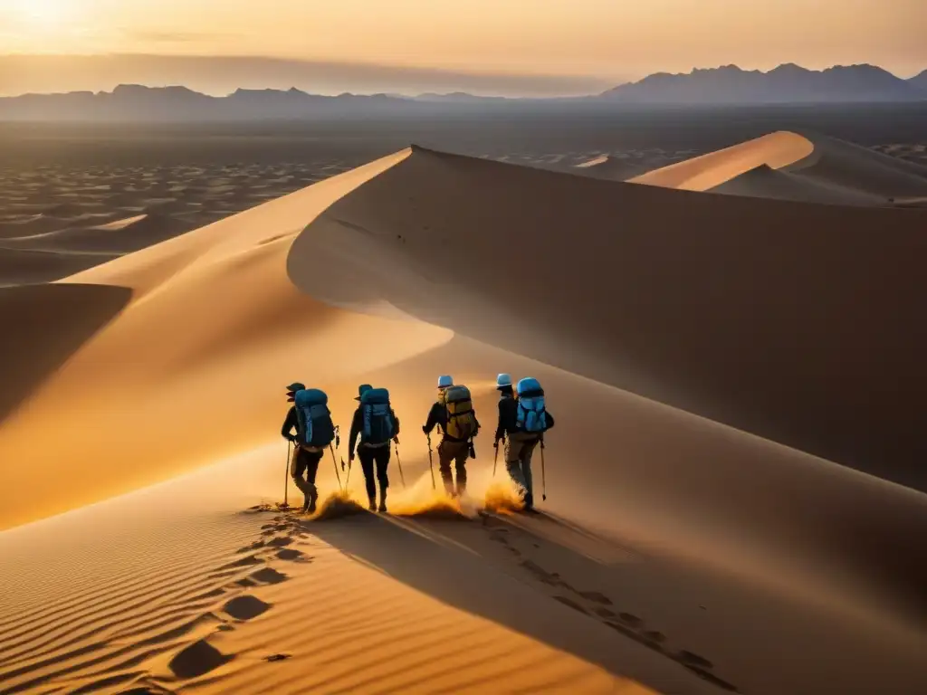 Grupo de exploradores modernos recorriendo el árido Sahara, destacando la belleza y desafíos de las expediciones en este paisaje ancestral