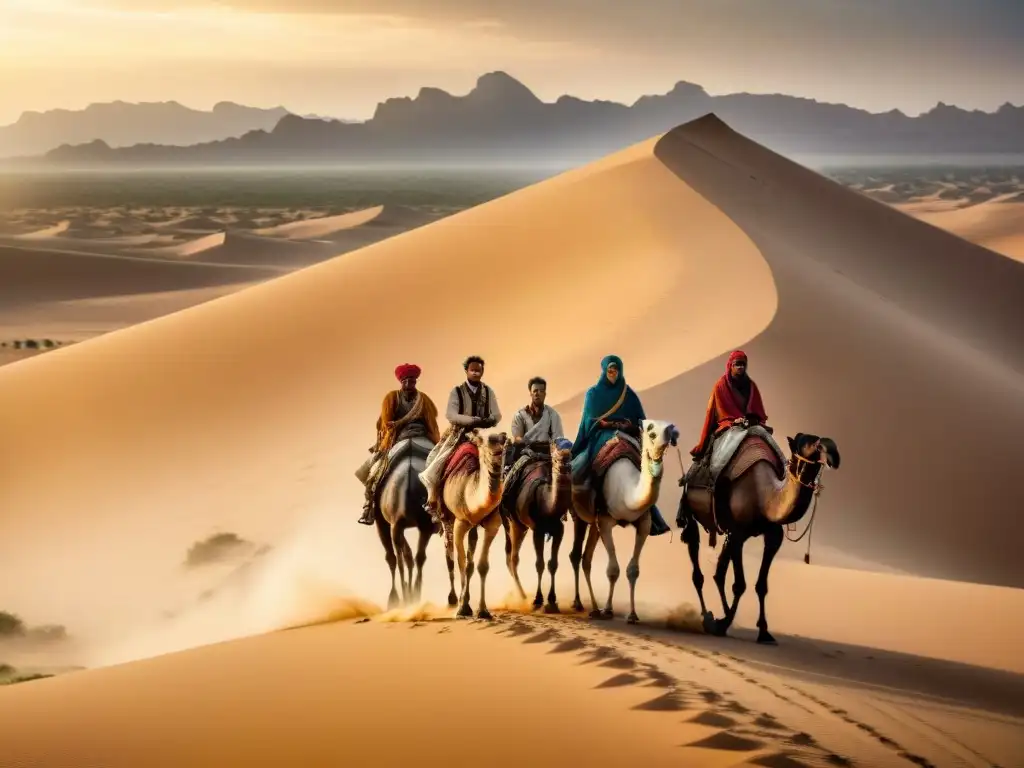 Un grupo de exploradores en el Sahara, siguiendo rutas antiguas con dunas de arena