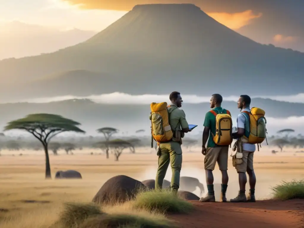 Un grupo de exploradores en safari planea su ruta en una app de GPS, con la sabana africana de fondo