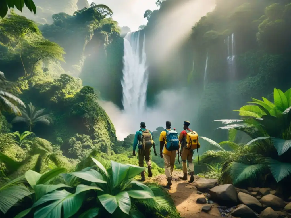 Un grupo de exploradores en trajes africanos tradicionales, atravesando la jungla en busca de la fuente del Nilo, rodeados de exuberante flora y fauna