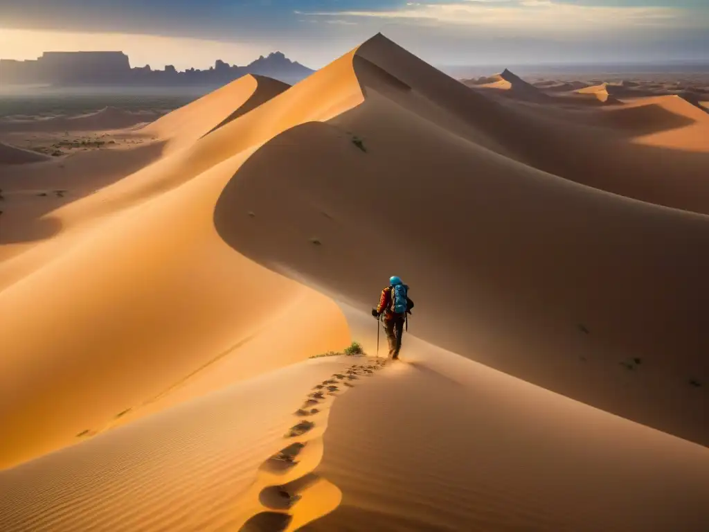 Un grupo de exploradores atraviesa el vasto desierto del Sahara bajo el sol abrasador, protegiendo sus rostros con pañuelos