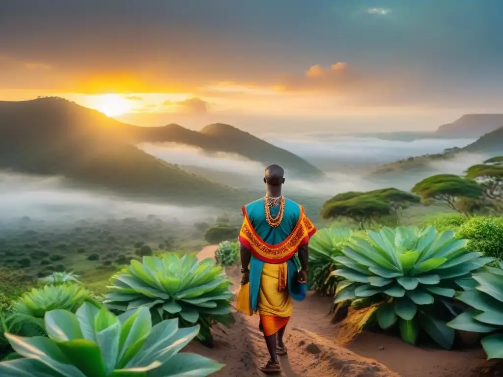 Grupo de fieles en peregrinación por un exuberante paisaje africano, vistiendo atuendos tradicionales y realizando ofrendas al atardecer