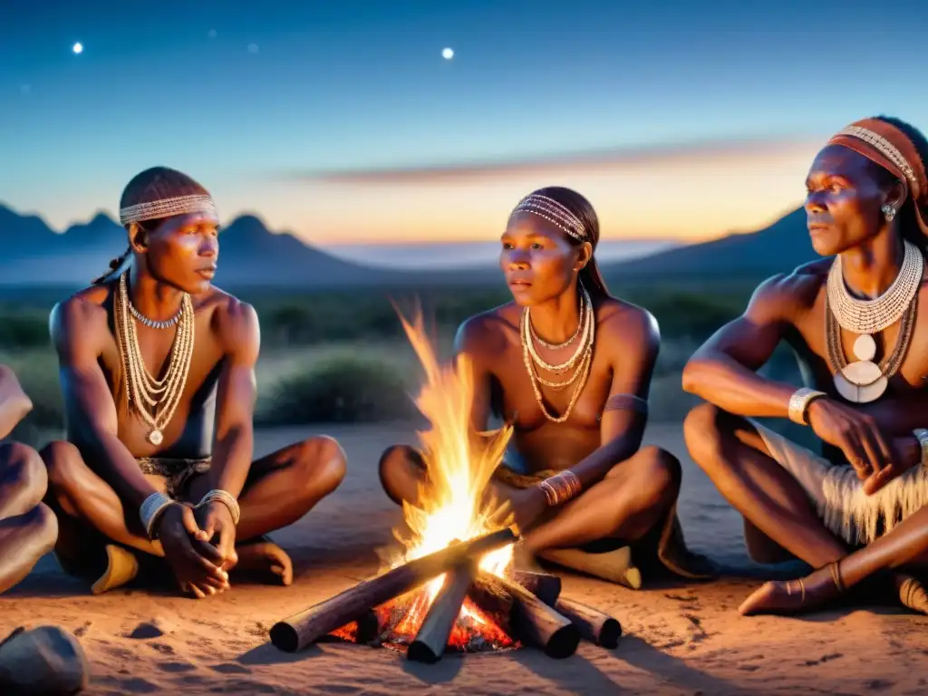 Danza tradicional de San en África: resiliencia cultural Grupo de San de África bailando alrededor de fogata bajo estrellas: Encuentros culturales exploración Europa África