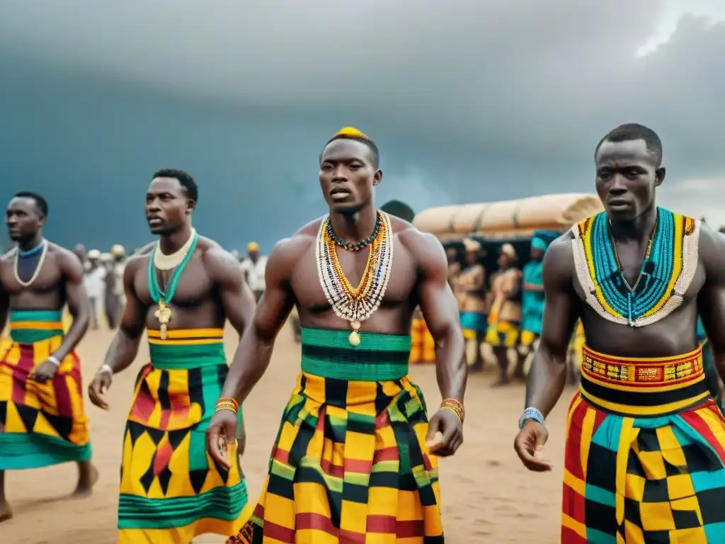 Grupo de Ga de Ghana danzando en un funeral con kente y cuentas