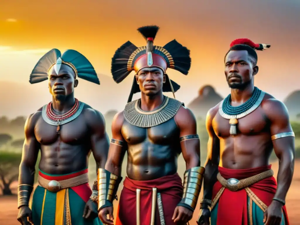 Un grupo de guerreros africanos en trajes tradicionales y armas únicas, listos para la batalla en un paisaje africano al atardecer