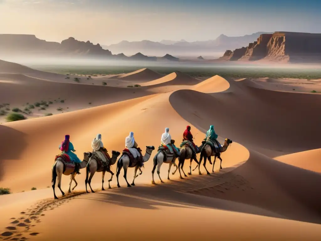 Un grupo de guerreros bereberes en el desierto del Sáhara, con joyas de plata y túnicas coloridas, en una incursión en África