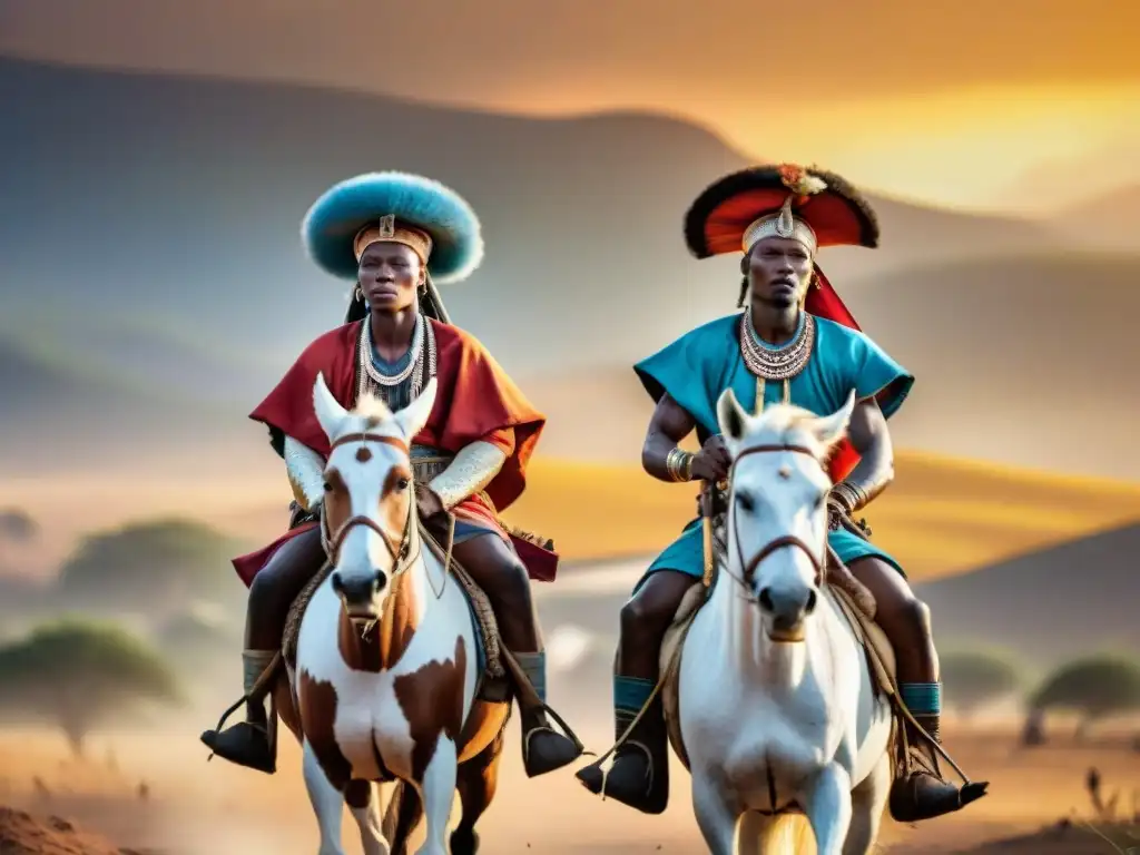 Un grupo de guerreros Fulani a caballo en la sabana al atardecer, con atuendos tradicionales y armas, reflejando el origen y cultura de los Fulani