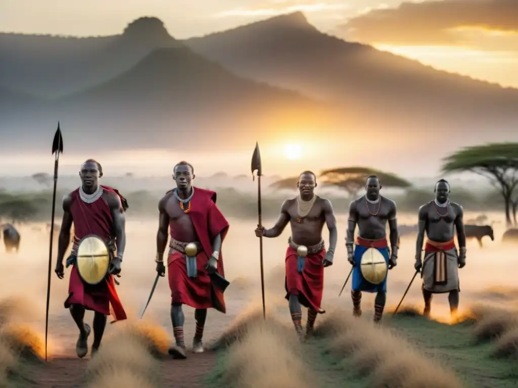 Grupo de guerreros Masái en cacería de leones al amanecer en la sabana del Serengeti