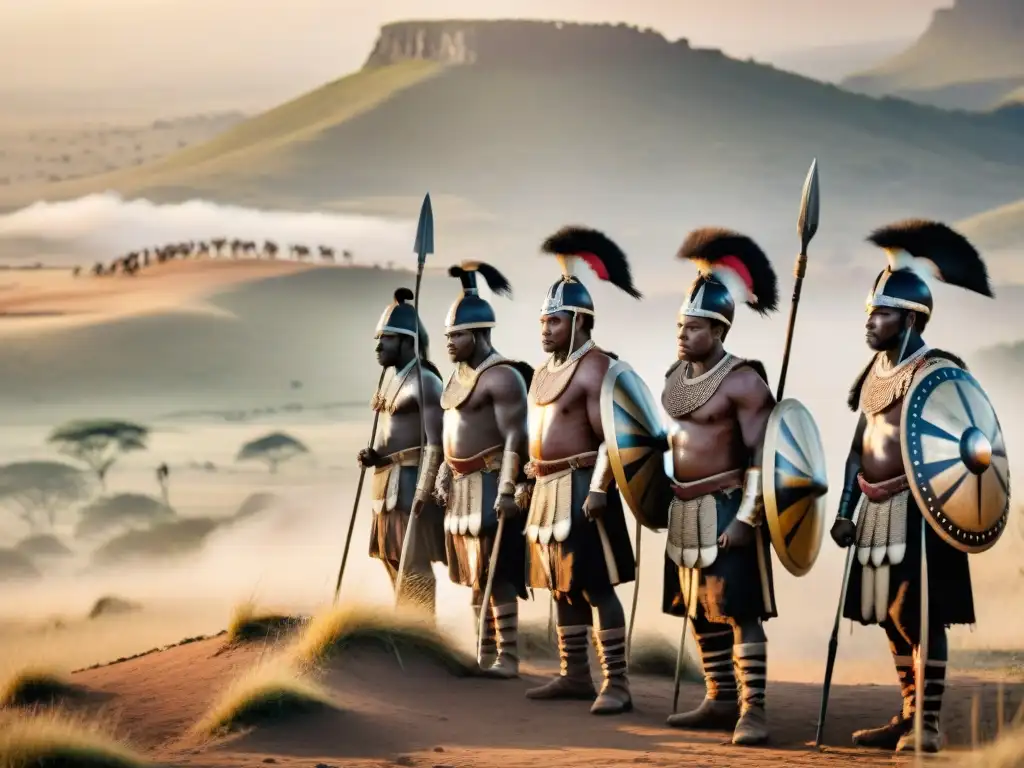 Grupo de guerreros Zulú en formación estratégica, con lanzas y escudos, bajo la luz dorada del atardecer en la sabana africana