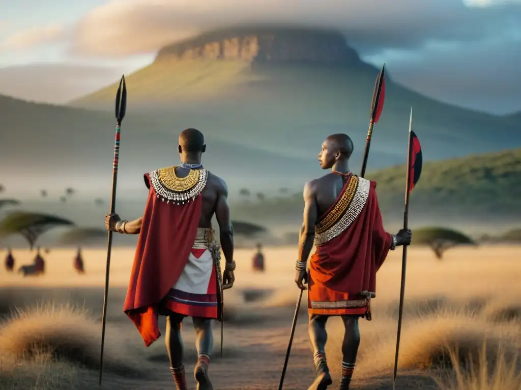 Grupo de guerreros Maasai con atuendo tradicional y lanzas en la sabana africana al atardecer