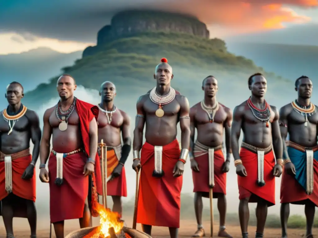 Un grupo de guerreros Maasai en atuendo tradicional realizando un ritual espiritual bajo el cielo africano, rodeados de antorchas