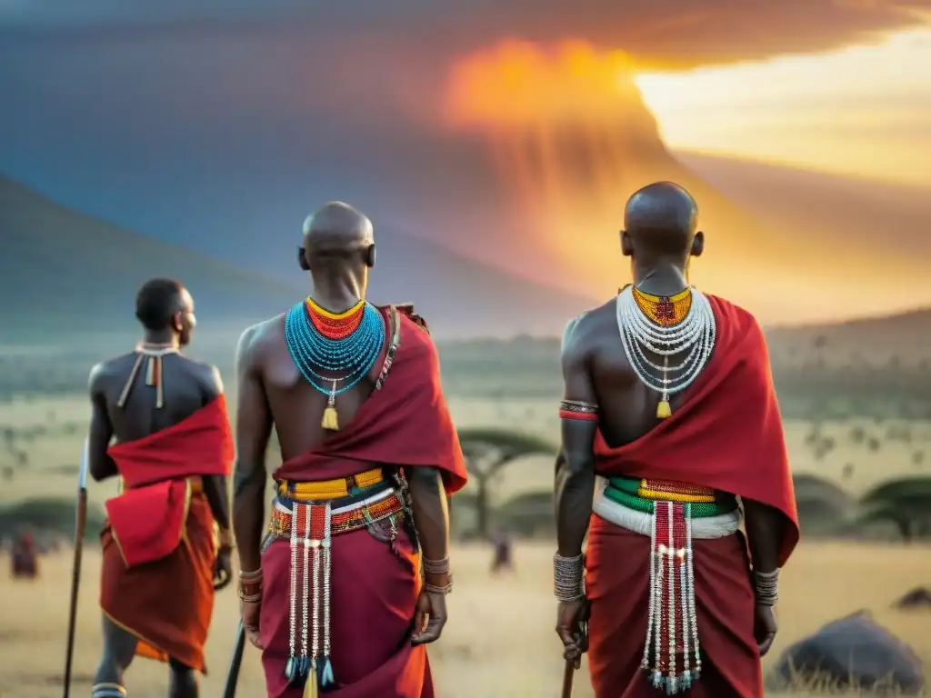 Grupo de guerreros Maasai con atuendos tradicionales y lanzas ceremoniales en la llanura del Serengeti al atardecer