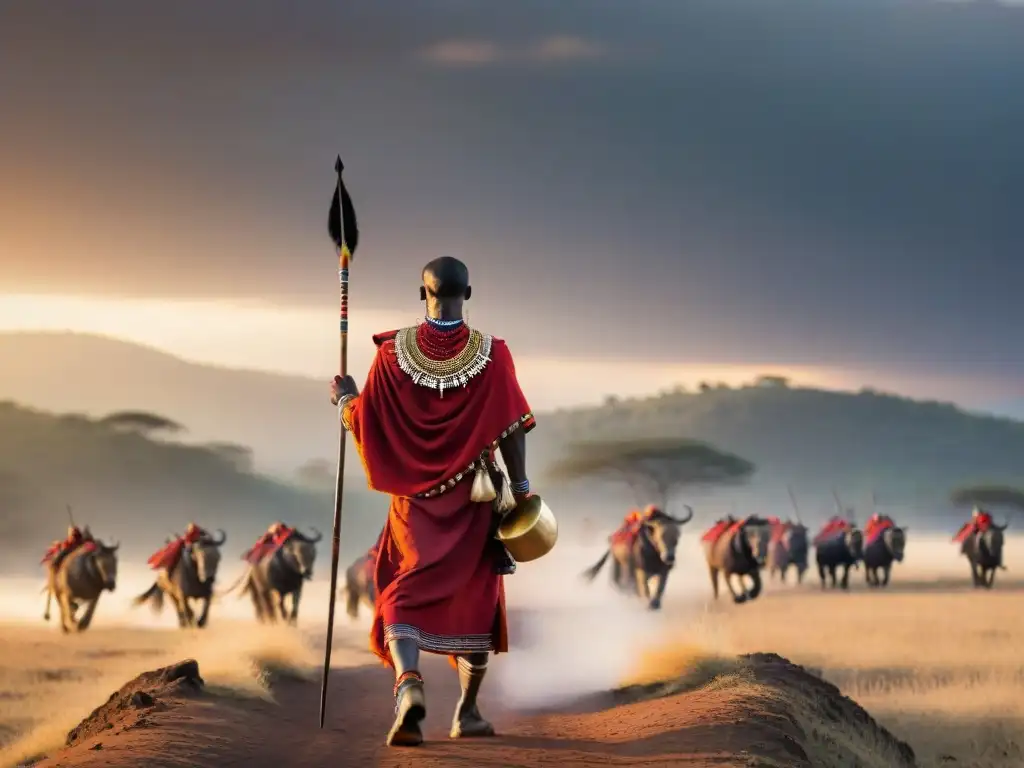 Grupo de guerreros Maasai en caza al amanecer en la sabana africana, con atuendos tradicionales y determinación