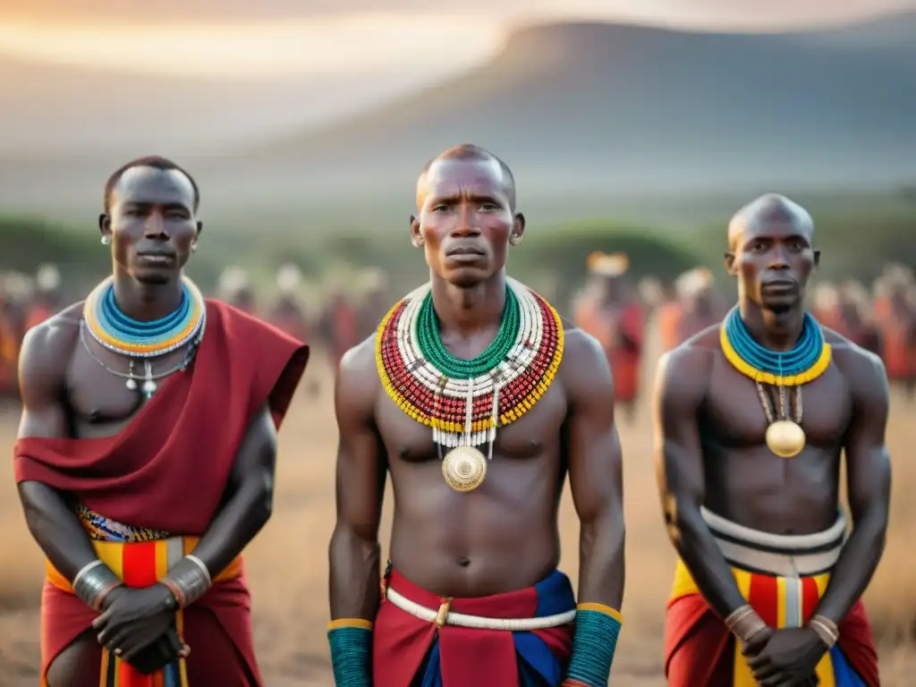 Grupo de guerreros Maasai en ceremonia, con atuendos tradicionales y paisaje africano al atardecer