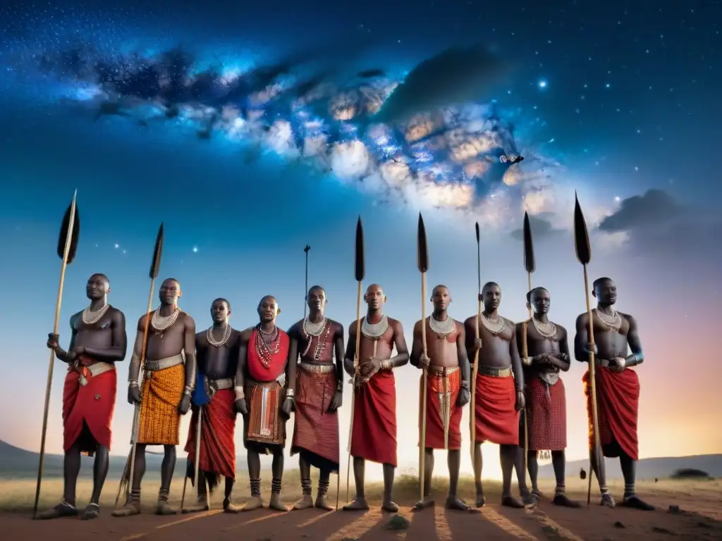 Grupo de guerreros Maasai bajo el cielo estrellado, simbolismo astronomía culturas africanas