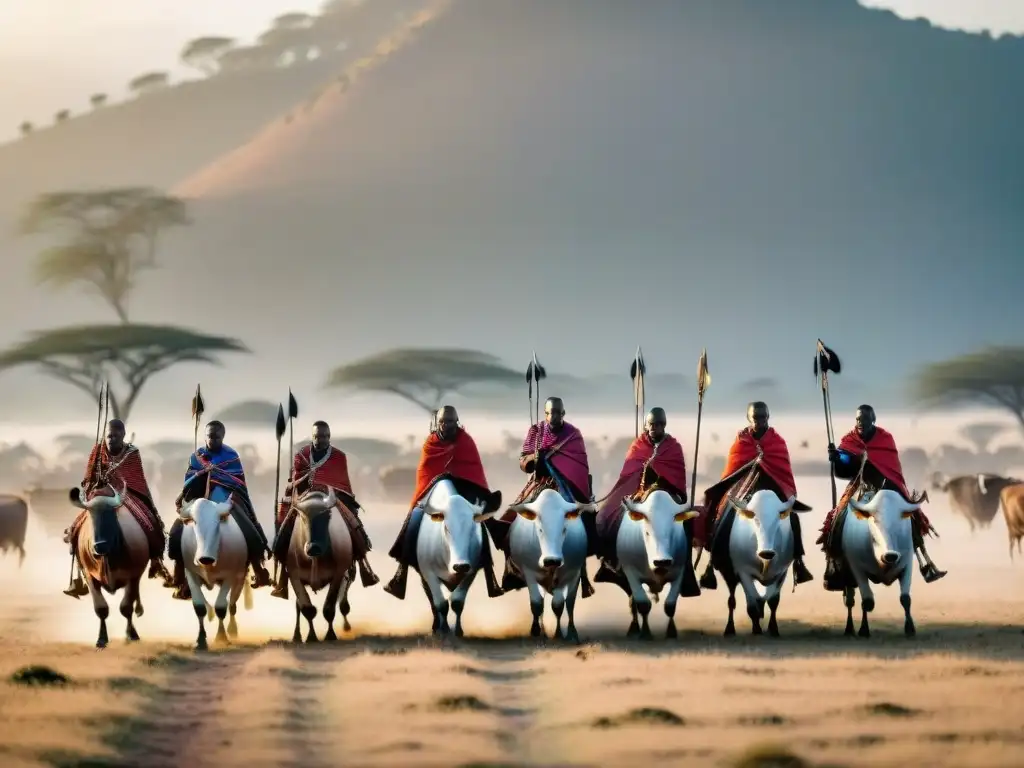 Un grupo de guerreros Maasai coloridos pastorea ganado al amanecer en la sabana africana, mostrando la influencia de los animales en África