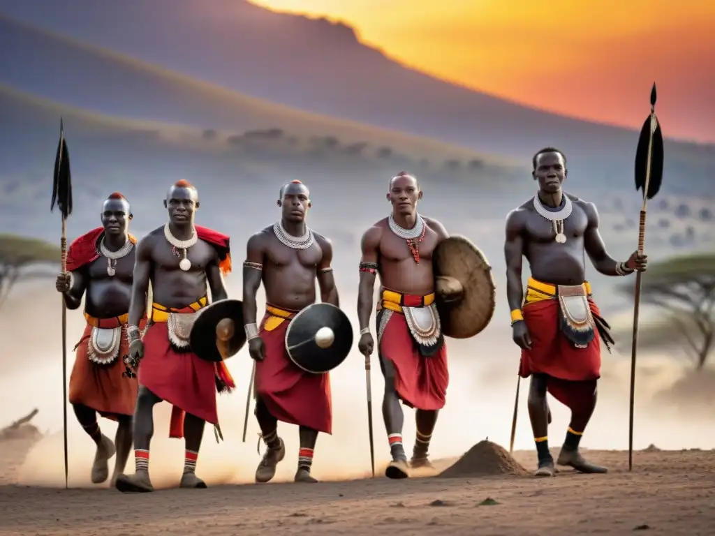 Un grupo de guerreros Maasai realiza danza ceremonial al atardecer, con colores vibrantes en el cielo y sombras alargadas en la tierra polvorienta