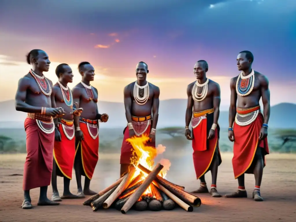 Un grupo de guerreros Maasai realizando una danza ceremonial alrededor de una fogata bajo el cielo estrellado de África