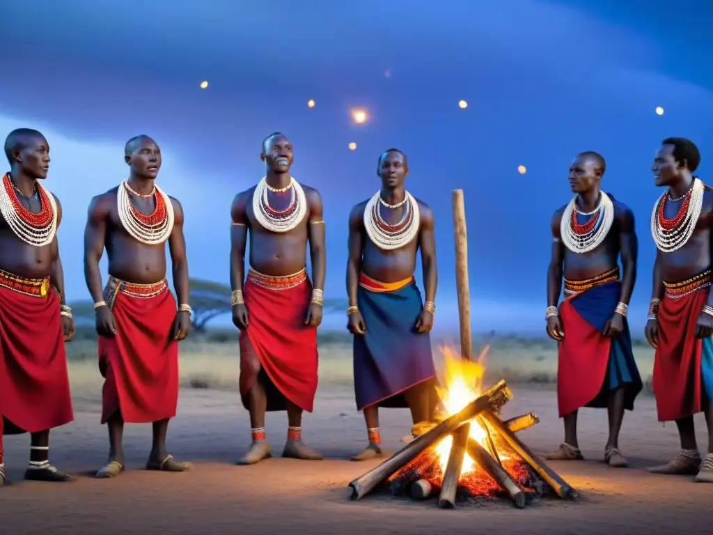 Grupo de guerreros Maasai danzando alrededor de una fogata bajo un cielo estrellado en África, mostrando la riqueza cultural