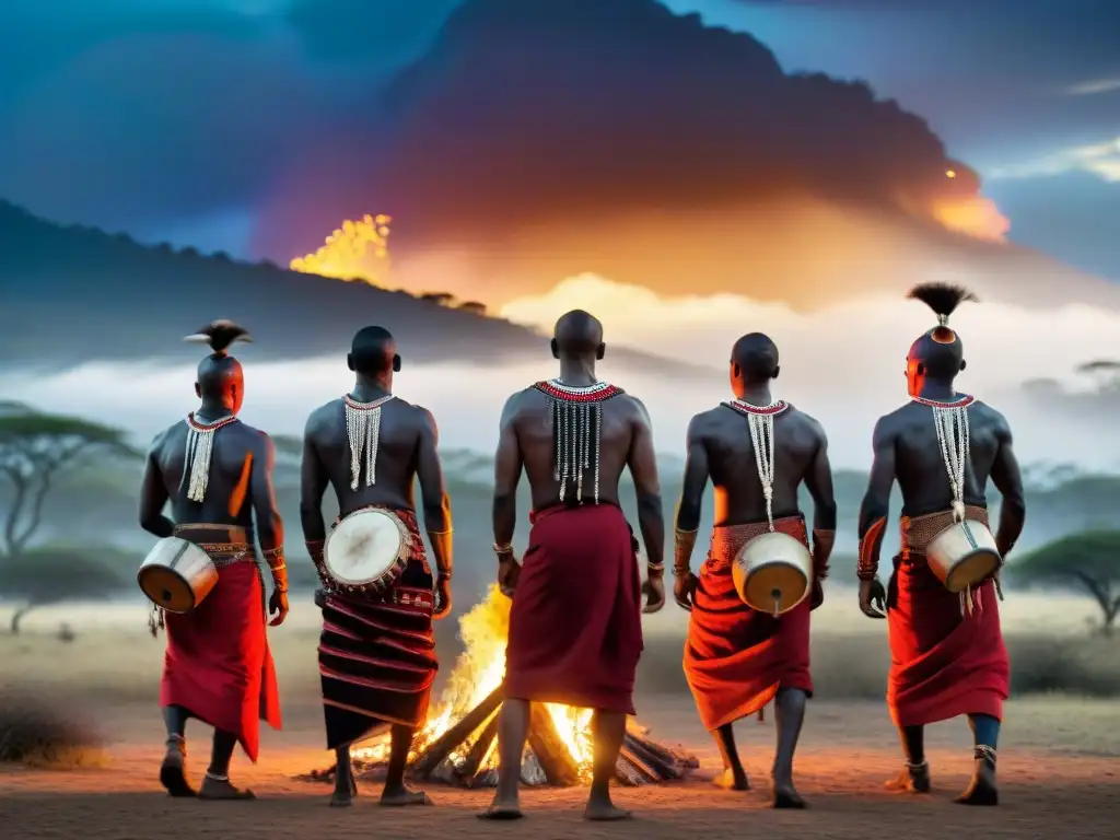 Grupo de guerreros Maasai danzando alrededor de una fogata, con atuendos tradicionales y pinturas simbólicas, bajo el cielo estrellado de África