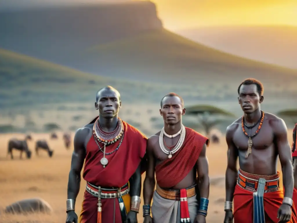 Grupo de guerreros Maasai en la llanura del Serengeti al atardecer, destacando la belleza de la cultura africana contemporánea