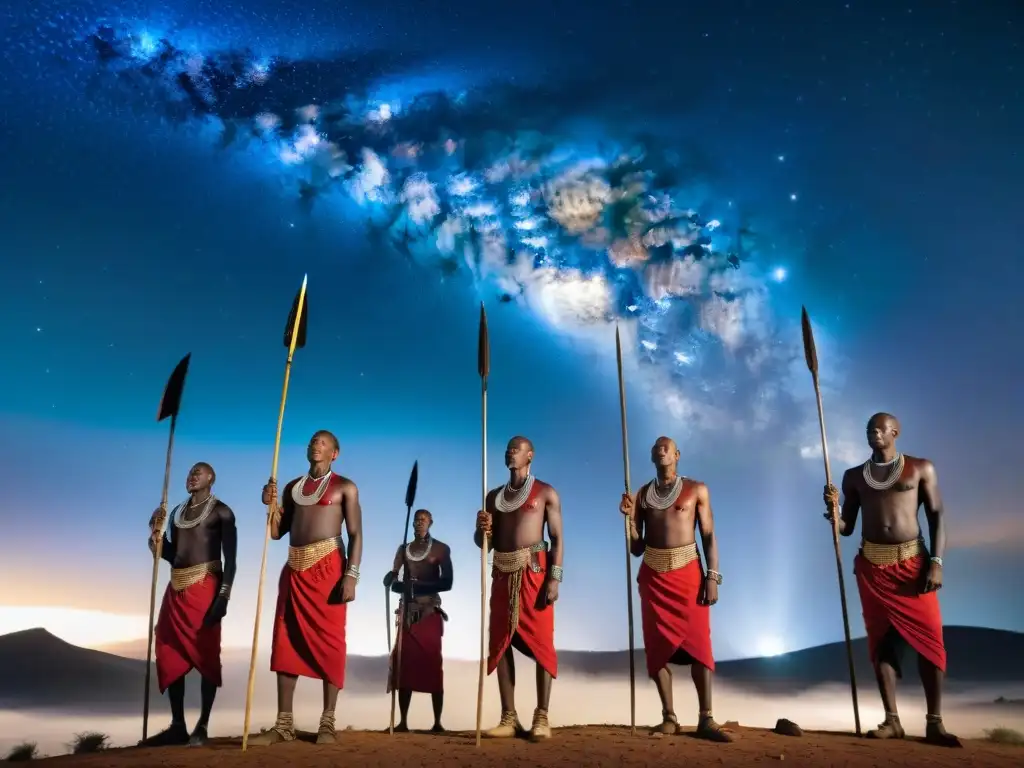 Un grupo de guerreros Maasai contempla la majestuosidad del cielo estrellado en la sabana africana