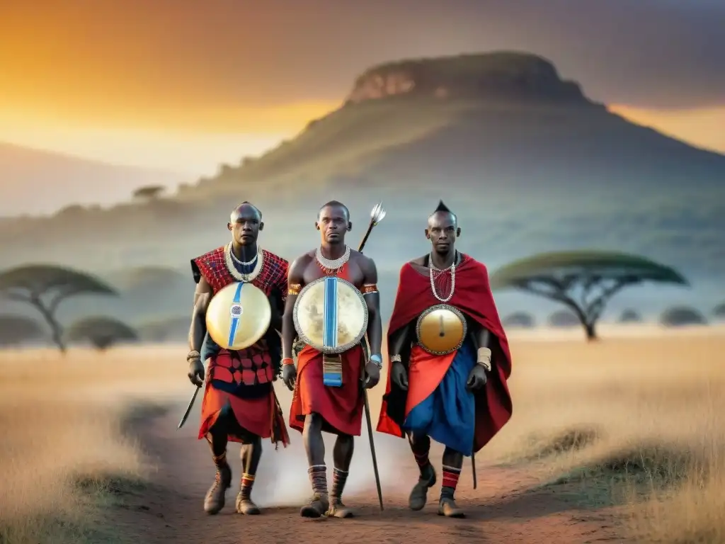 Grupo de guerreros Maasai en la sabana africana al atardecer, expresiones determinadas y coloridas vestimentas