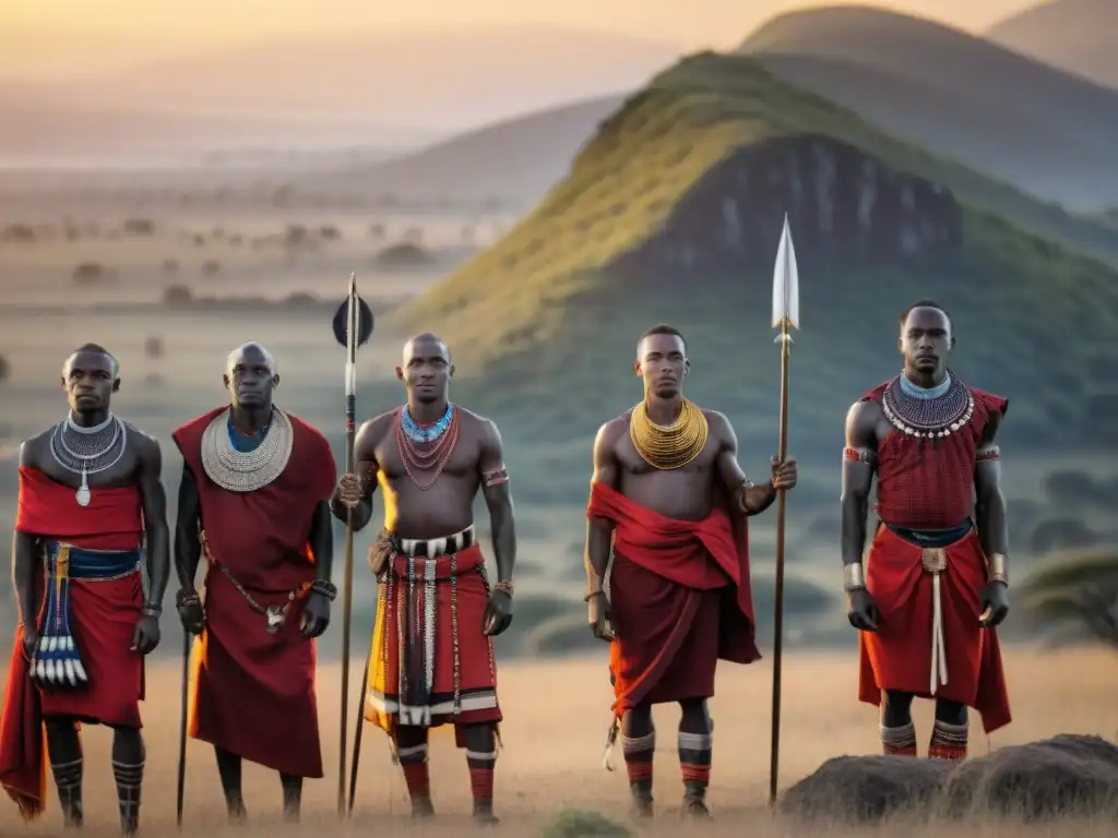 Un grupo de guerreros Maasai en la sabana al atardecer, con sus trajes tradicionales de colores vibrantes y lanzas en mano