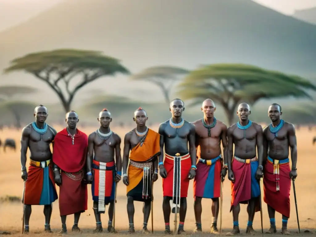 Grupo de guerreros Maasai en la sabana africana al atardecer, evocando significado animales rituales tradiciones africanas