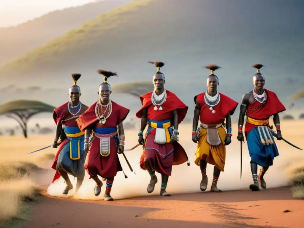 Grupo de guerreros Maasai danzando en la sabana al atardecer