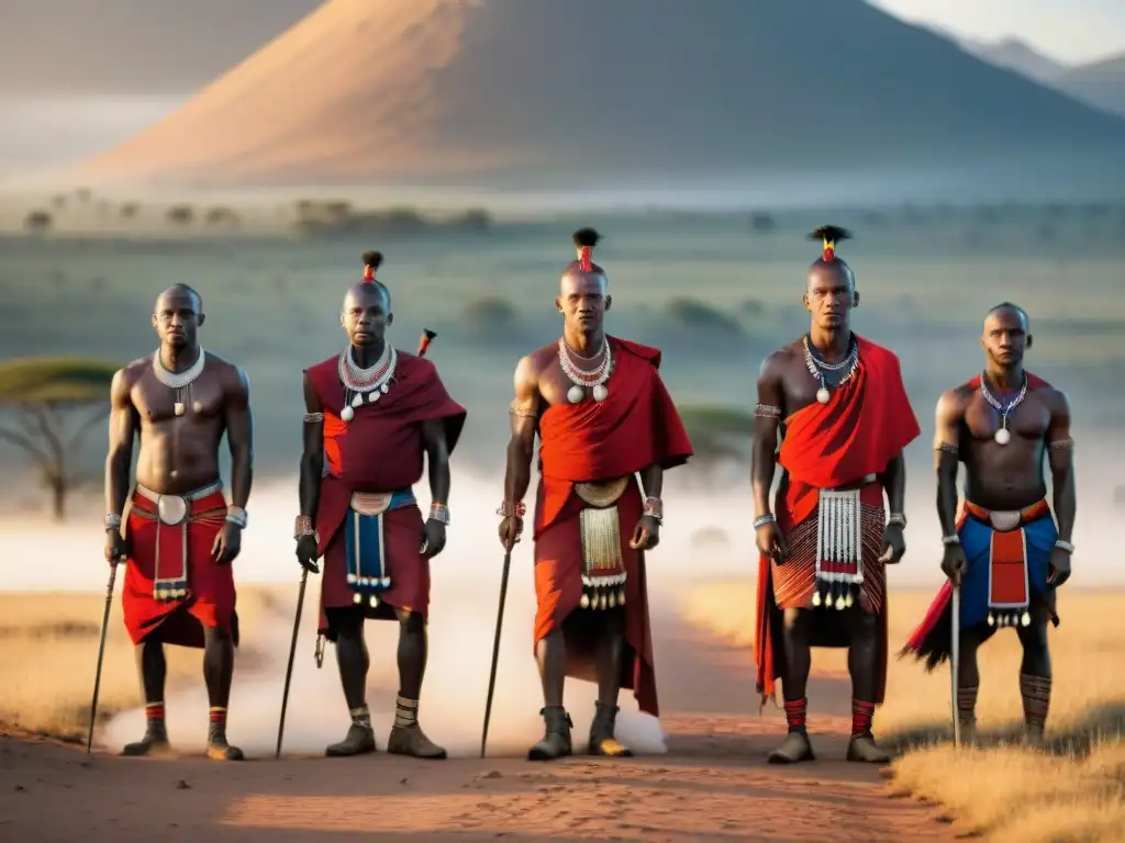 Un grupo de guerreros Maasai en la sabana africana, con vestimenta tradicional y realizando una danza guerrera