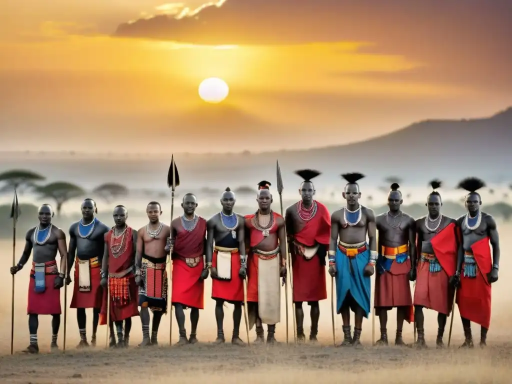 Grupo de guerreros Maasai en la sabana al atardecer, exudando disciplina en culturas guerreras africanas