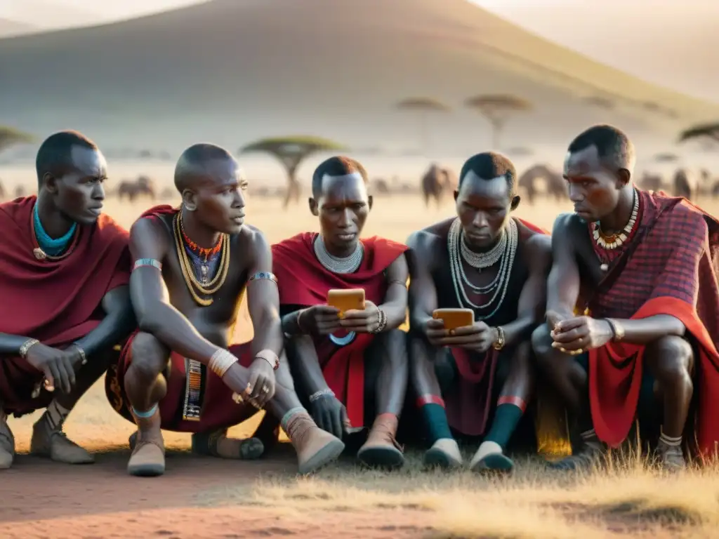 Grupo de guerreros Maasai en la sabana viendo una aplicación de inmersión cultural en África