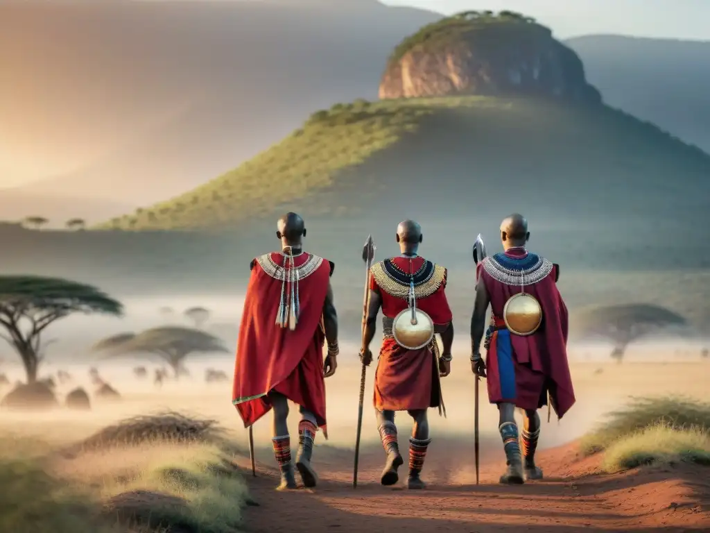 Grupo de guerreros Maasai en la sabana al atardecer, con simbolismo arte caza tradición África