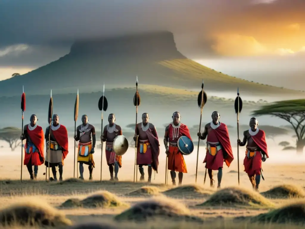 Grupo de guerreros Maasai con vestimenta tradicional en caza al amanecer en la sabana del Serengeti, reflejando rituales de caza en África