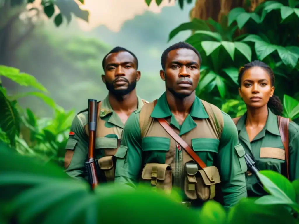 Grupo de guerreros por la paz Angola en la selva, mostrando determinación y unidad bajo la luz del sol entre las hojas