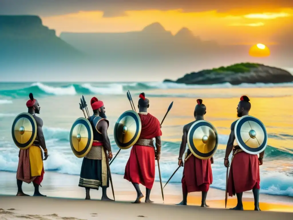 Grupo de guerreros Swahili en la playa al atardecer, desafiando un barco europeo